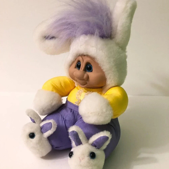 Vintage 1992 Troll Doll Nylon Plush Easter Bunny  Stuffed Animal Plastic Face - Picture 13 of 16